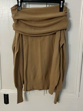 Vici Off-the-Shoulder Folded Neck Sweater in Camel